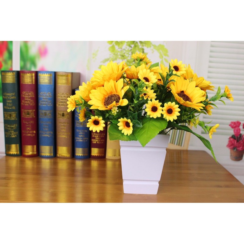 Hoa lụa, chùm hoa hướng dương 33cm 4 bông lớn và bông điểm siêu đẹp