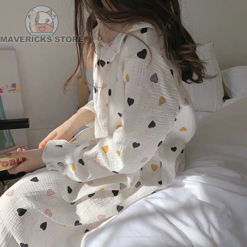 Đồ ngủ Tay Dài Chất Liệu Mỏng Nhẹ In Họa Tiết Trái Tim Phong Cách Hàn Quốc Thời Trang Cho Nữ