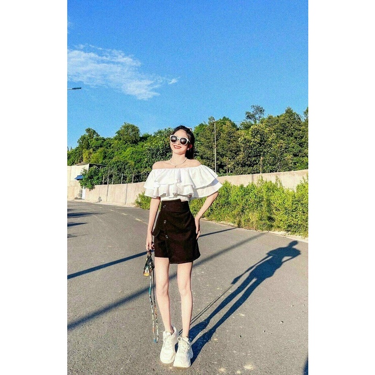 Sét bộ váy áo hở vai bánh bèo dáng croptop bo chun phối với quần giả váy siêu xinh 2 màu trắng và vàng cam