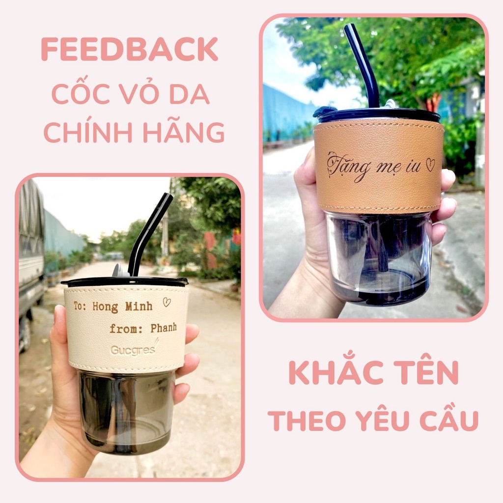 Cốc thuỷ tinh 450ml bọc da cao cấp,có kèm nắp đậy và ống hút K-House Smart