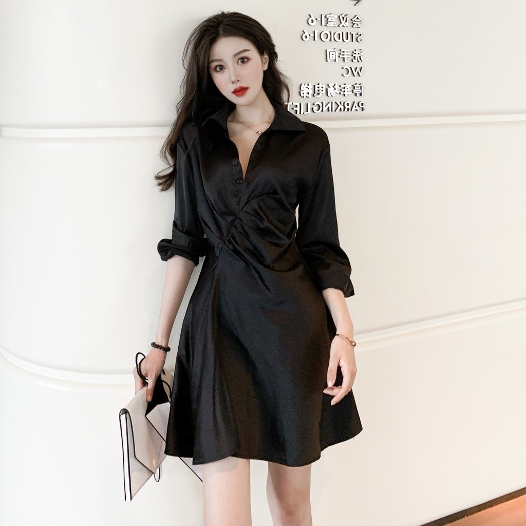 Đầm sơ mi nữ dáng a kiểu nhúng tay dài Emilyshop