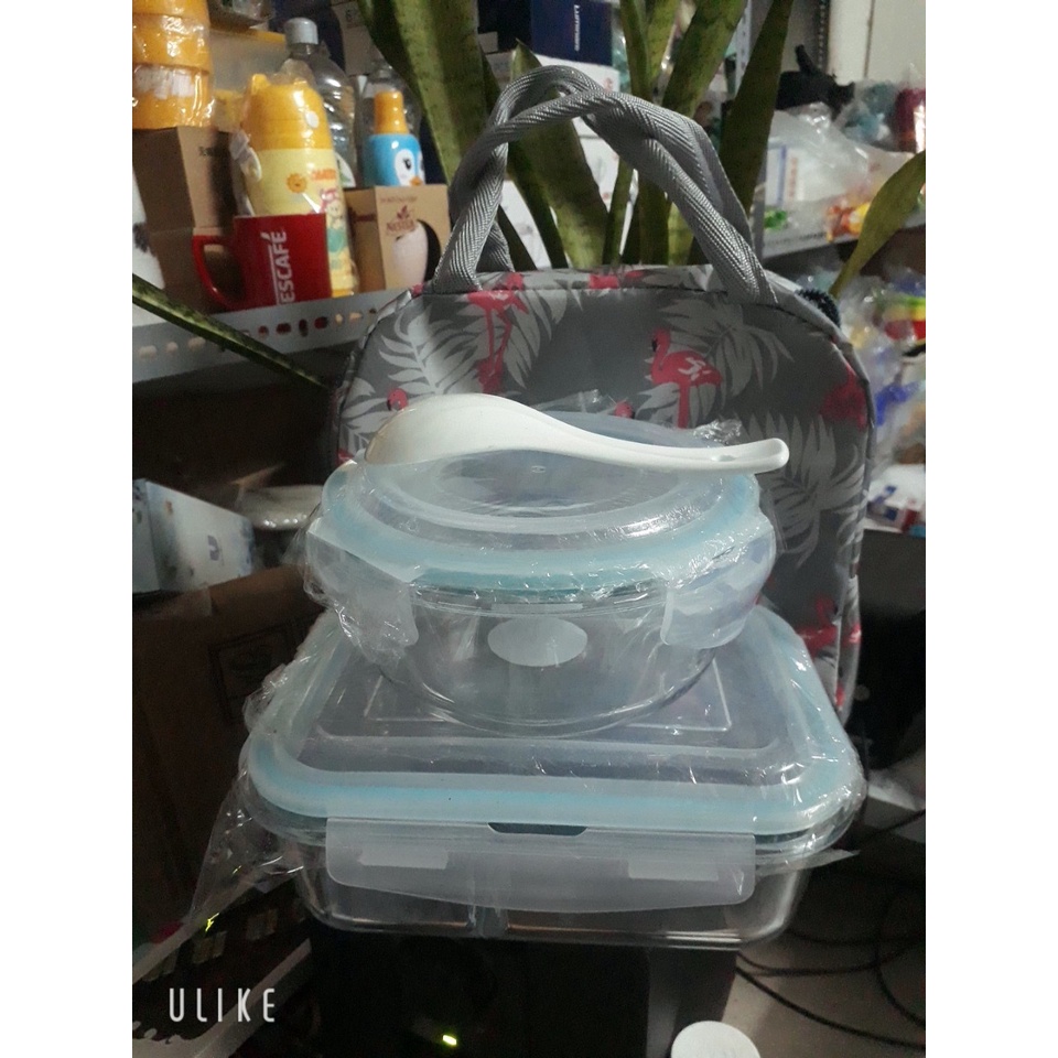 BỘ THỐ ĐỰNG CƠM THỦY TINH 2 NGĂN 1000ML_1 hộp canh tròn 400ml KÈM TÚI