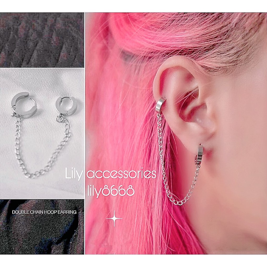 Double Chain Hoop Earring khuyên tai và khuyên vành tai titan dây xích nam nữ không gỉ không đen không dị ứng