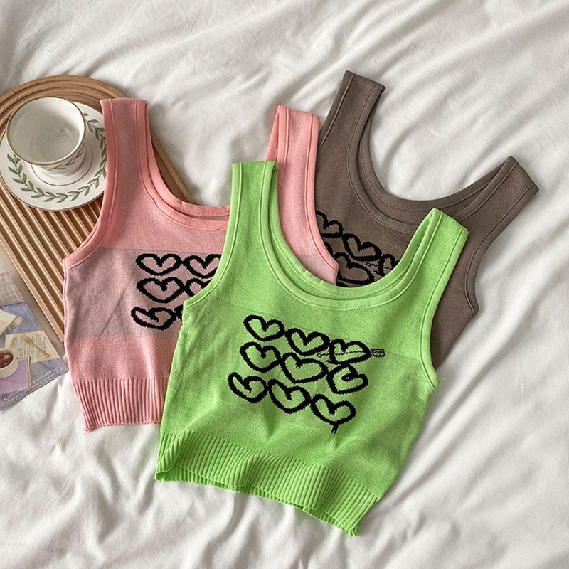 Áo Croptop Sát Nách Cổ Tròn Hoạ Tiết Trái Tim Thiết Kế Ngọt Ngào Cho Phái Nữ