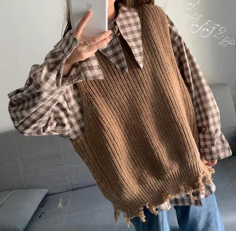 Bộ áo sơ mi tay dài kẻ sọc + áo khoác len không tay phong cách Hàn Quốc hợp thời trang cho nữ