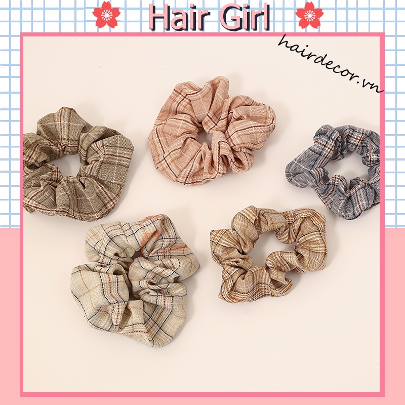 Dây buộc tóc kẻ sọc ca rô phong cách Hàn Quốc ngọt ngào đơn giản