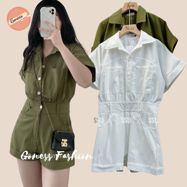 Bộ Jumpsuit Goness cổ sơ mi liền quần gập gấu dáng ngắn jum nữ body chất vải thô kaki cúc cài lưng chun chiết eo