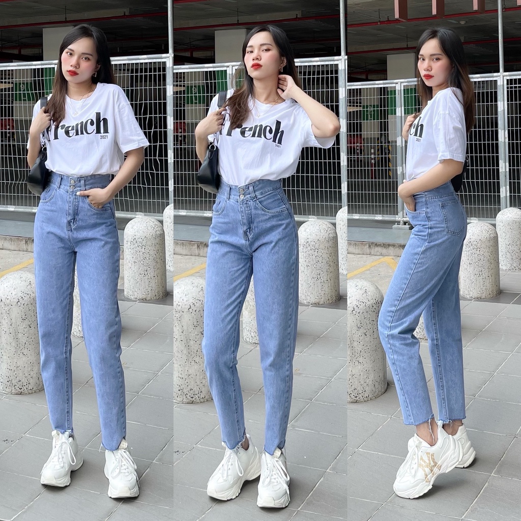 Quần Bò Nữ Quần Baggy lưng Cao 2Nút Lai Cắt Shop Maika-Jeans
