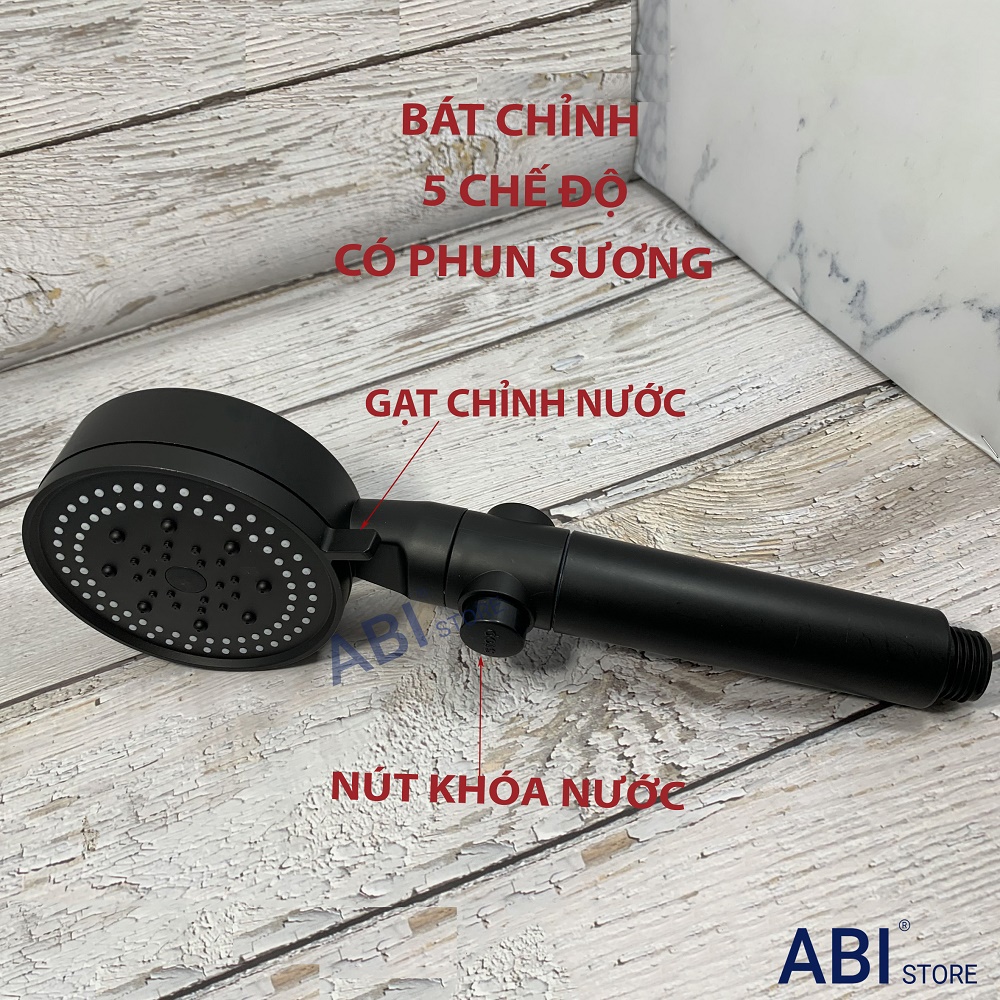 Bát sen chỉnh 5 chế độ nước màu đen cao cấp BT04, tay sen có phun sương, có bấm mở khóa nước
