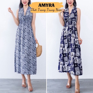 Đầm maxi trung niên đi biển cho mẹ thổ cẩm chất lanh thái cao cấp - Váy maxi dài xẻ tà thoáng mát du lịch hè MX002