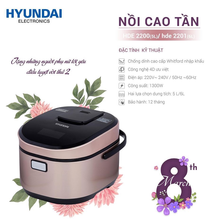 Nồi cơm điện cao tần thương hiệu Hyundai Hàn Quốc 1.5L và 1.8L - Nồi cơm điện cho gia đình, lòng niêu dày, chắc chắn