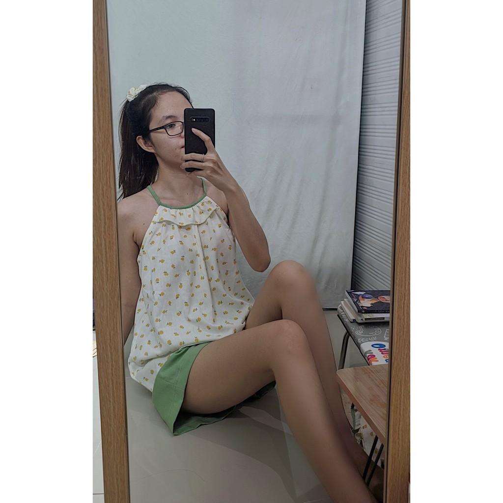 [Feliz.Clothes] Đồ ngủ 2 dây yếm linen bột hoa vàng siêu mát, siêu dễ thương | BigBuy360 - bigbuy360.vn