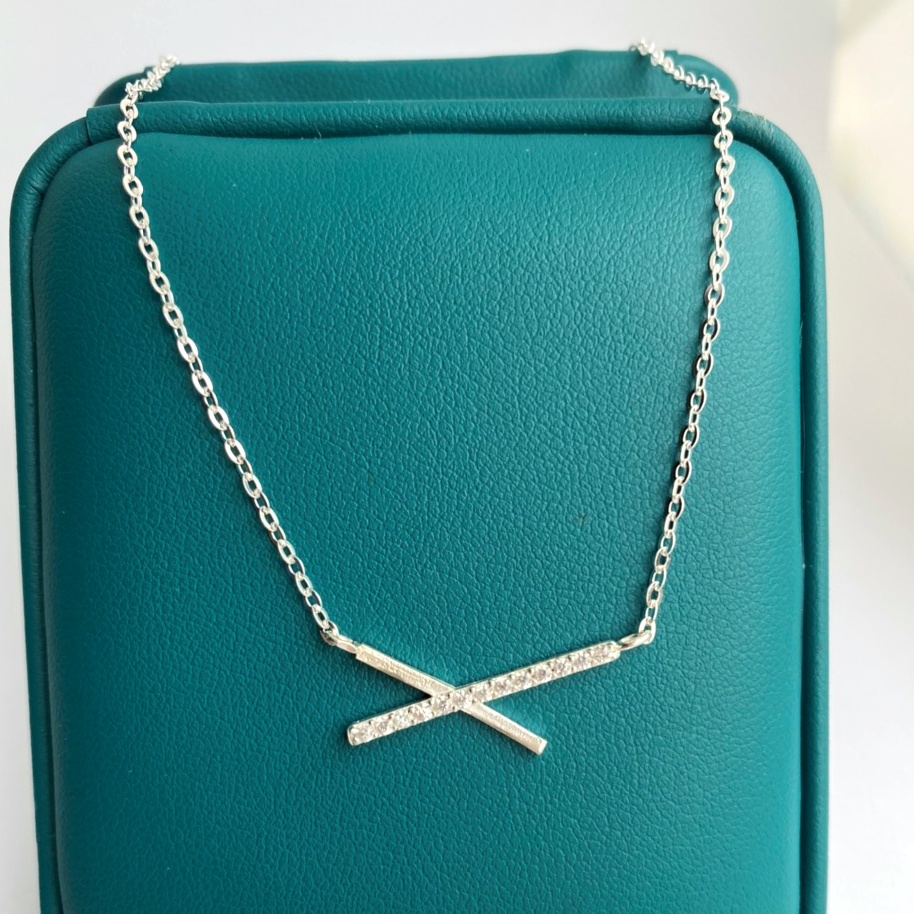 Dây chuyền bạc nữ cao cấp 2 thanh chéo Evasilver, Vòng cổ chất liệu bạc ta đính đá sang trọng nữ tính