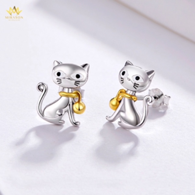 Khuyên Tai Bạc Nữ MIRASOn Mèo Đeo Chuông Vàng Dễ Thương MBT073 -  Bông Tai Nữ Bạc 925 Cao Cấp