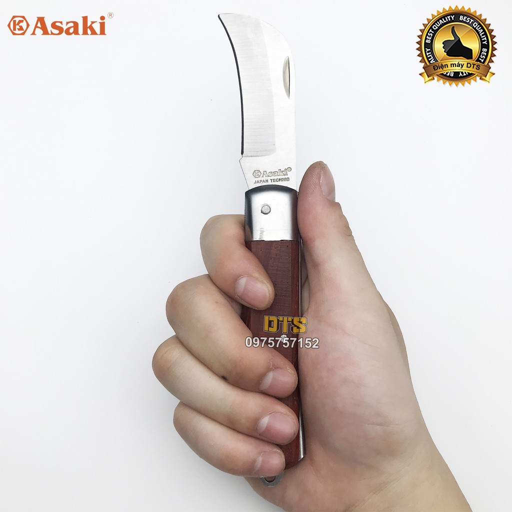 Dao tuốt dây điện lưỡi cong Asaki AK-8601, dao rọc cáp, gọt vỏ dây điện, thép không gỉ, cán dao ốp gỗ đỏ