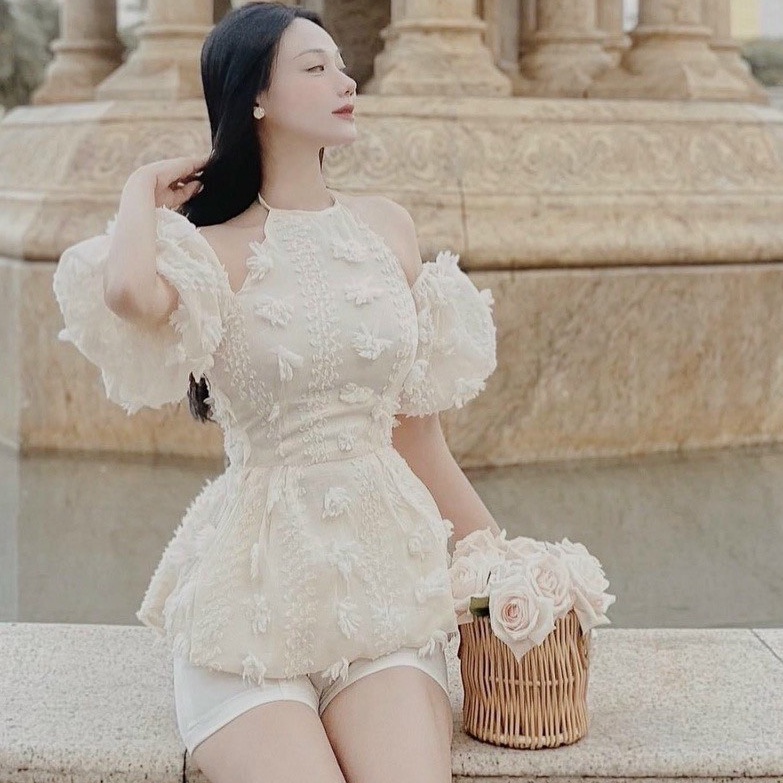Set babydoll cổ yếm tay phồng cột nơ cực xinh phong cách dễ thương cho nữ đi chơi dự tiệc