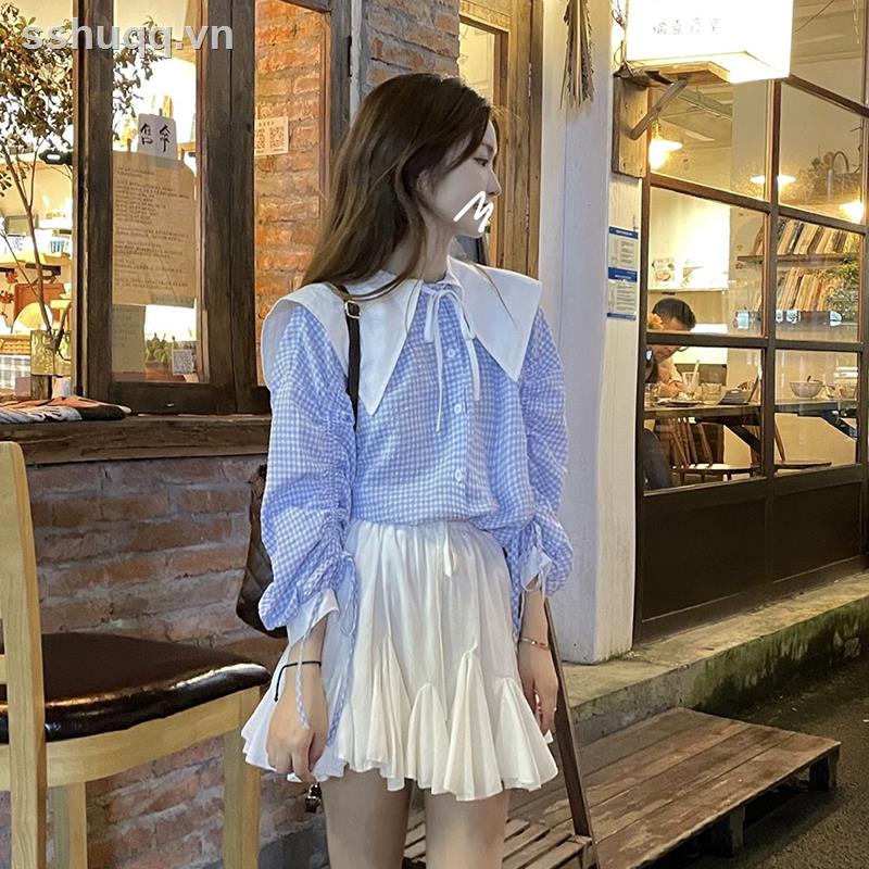 Áo Sơ Mi Tay Dài Phồng Cổ Búp Bê Họa Tiết Sọc Caro Ngọt Ngào Phong Cách Pháp Thời Trang Mùa Thu Mới Cho Nữ 2021