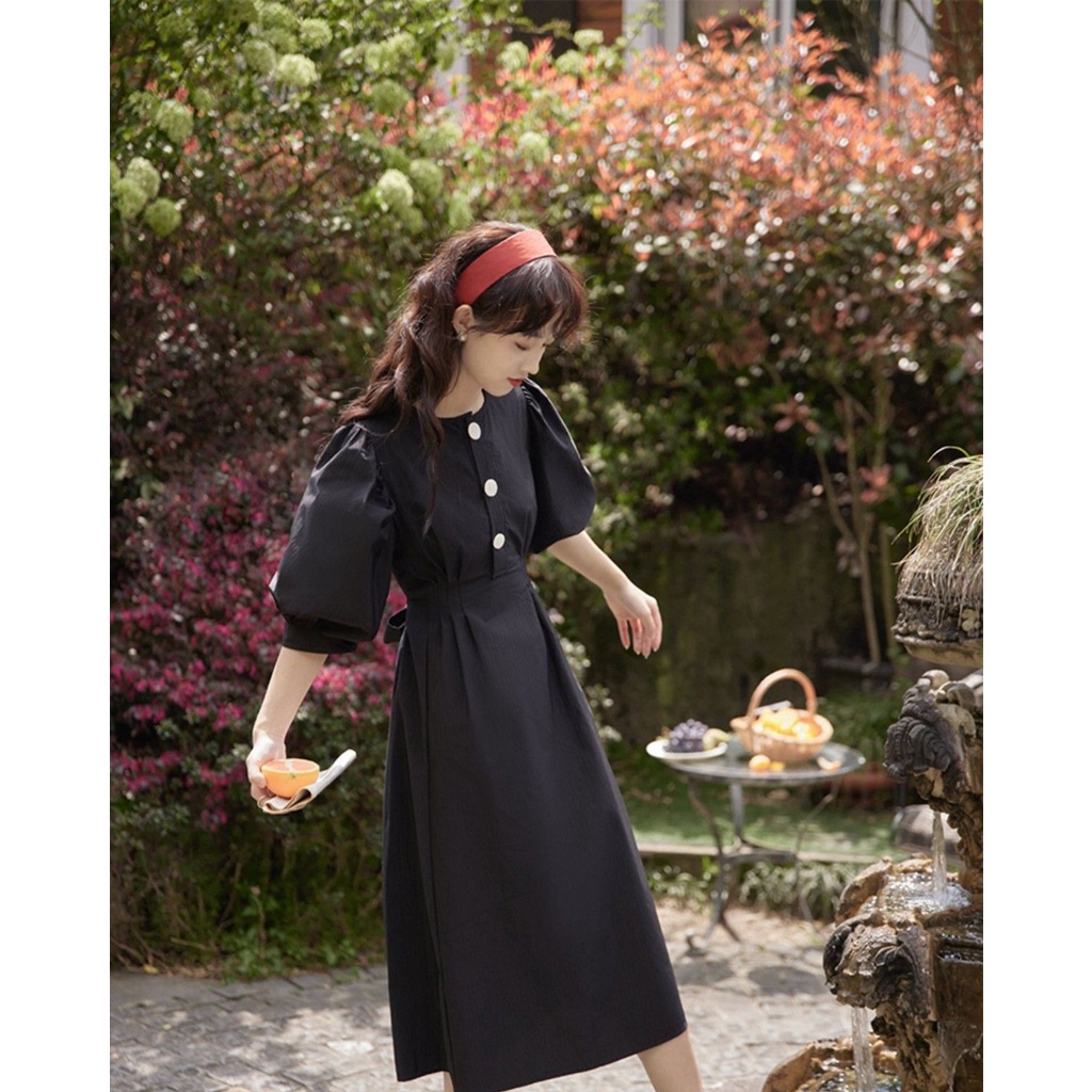 Đầm Sơ Mi Tay Phồng Dài Vừa Phải Phong Cách Pháp Cho Nữ