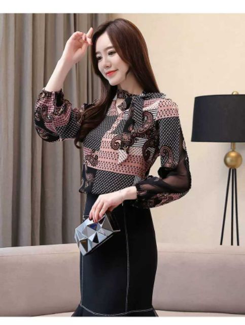 Áo sơ mi nữ hoạ tiết -áo voan cột nơ