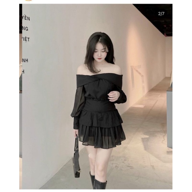 Set áo voan kèm chân váy xoè bẹt vai