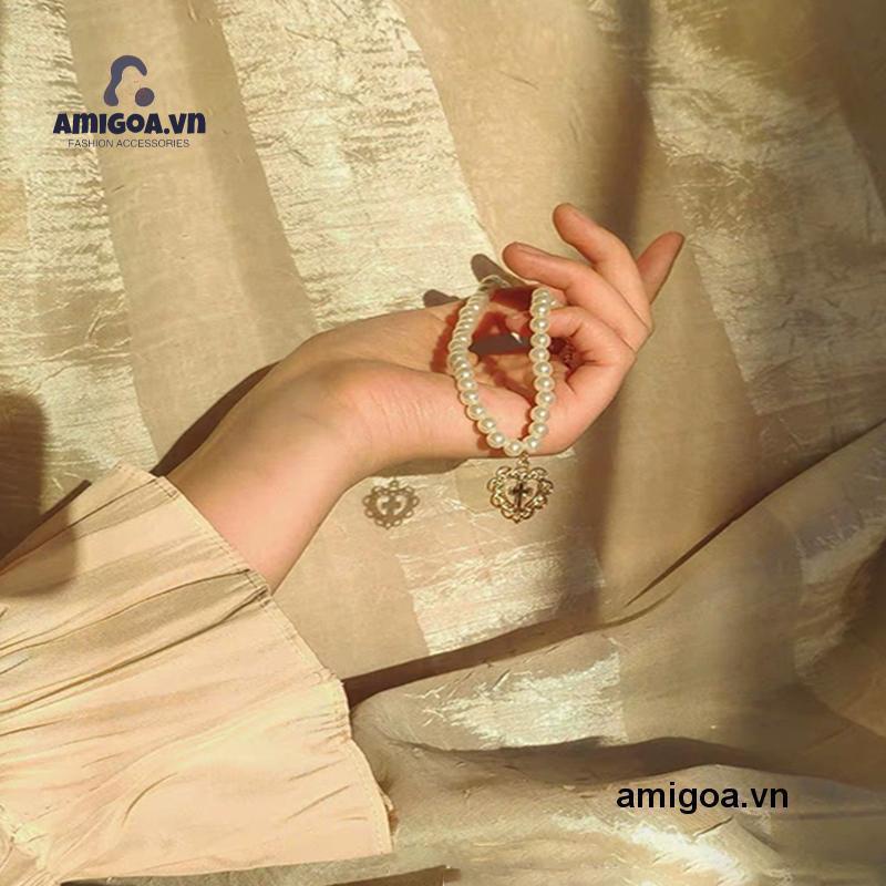 ✨✨Vòng cổ chuỗi hạt ngọc trai giả mặt dây hình trái tim đính đá giả thời trang sang trọng cho nữ