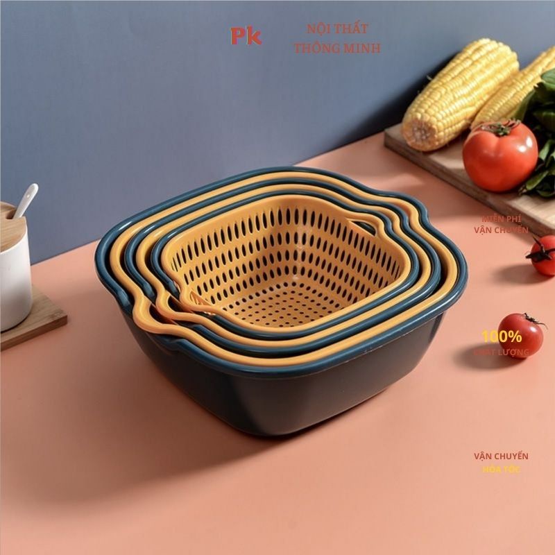 Bộ Rổ 6 Món Kèm Chậu Chất Liệu Nhựa Cao Cấp Tròn Vuông, Thau Rổ Đựng Rau Củ