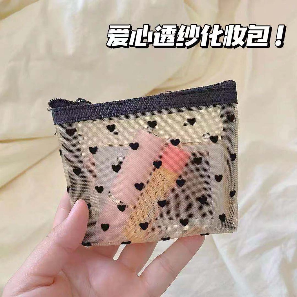 Túi Đựng Mỹ Phẩm Trong Suốt Họa Tiết Trái Tim Nhỏ Màu Đen Xinh Xắn