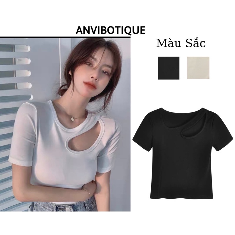 Áo croptop kiểu nữ tay ngắn hở vai, Áo croptop sexy thun gân cá tính màu trơn phong cách mùa hè