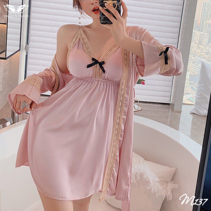 VINGO Set Váy Ngủ Hai Dây Kèm Áo Choàng Lụa Tay Dài Cao Cấp Phối Ren Kèm Nơ Nhỏ Xinh Gợi Cảm Sexy M137 VNGO