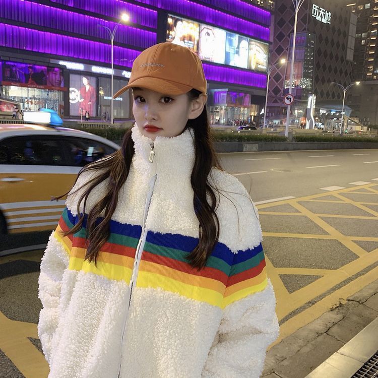 Jiashucheng Áo Khoác Len Lông Cừu Dày Dáng Rộng Màu Cầu Vồng Phong Cách Hàn Quốc Mới