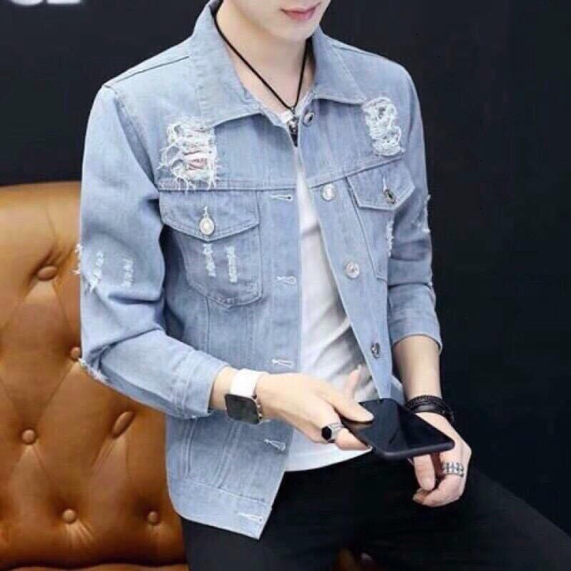 Áo khoác jeans nam cao cấp - áo khoác jean rách phong cách Hàn Quốc có túi chất bò dày dặn