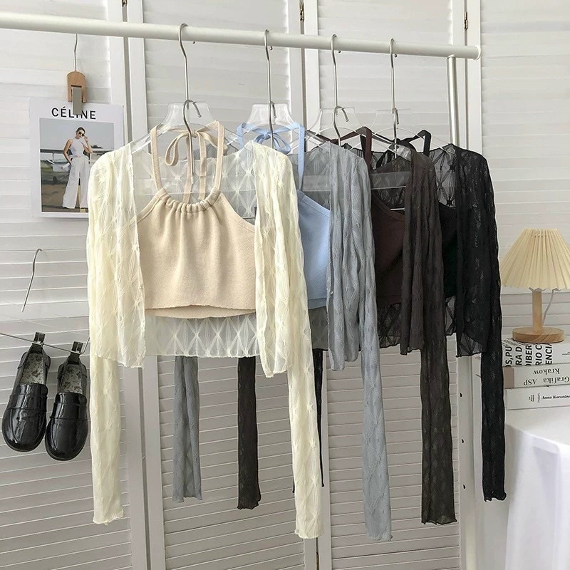 Set áo yếm len nâu tây kèm áo khoác cadigan giấy ô trám mỏng