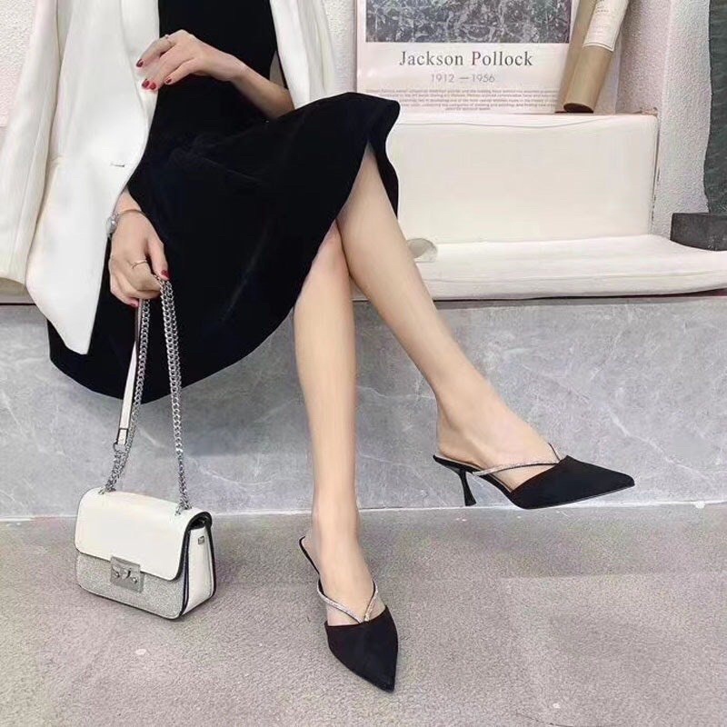 Guốc sục nữ mũi nhọn da lí phối quai đá chữ V gót nhọn 7p  siêu sáng chân