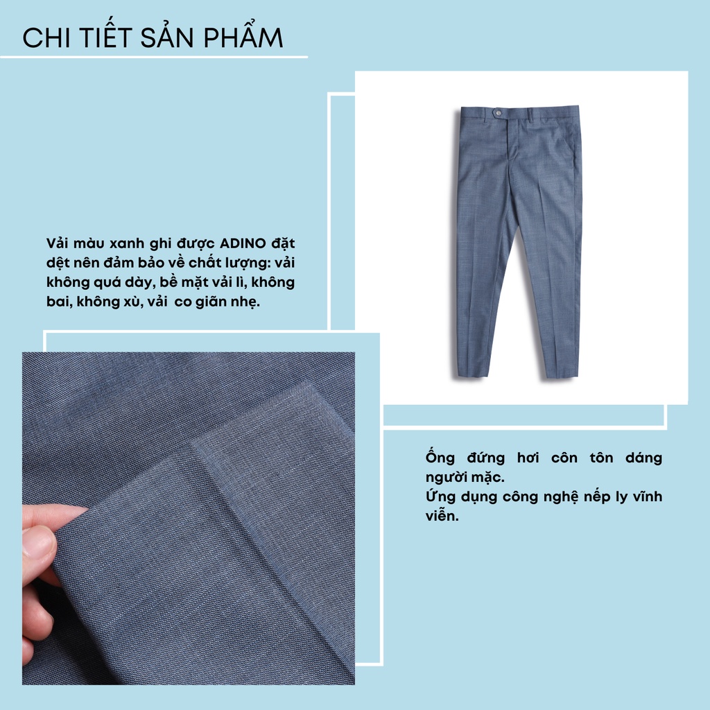 Quần âu công sở nam ADINO màu xanh ghi vải cotton không bai không xù dáng công sở slimfit ống đứng hơi côn QA83