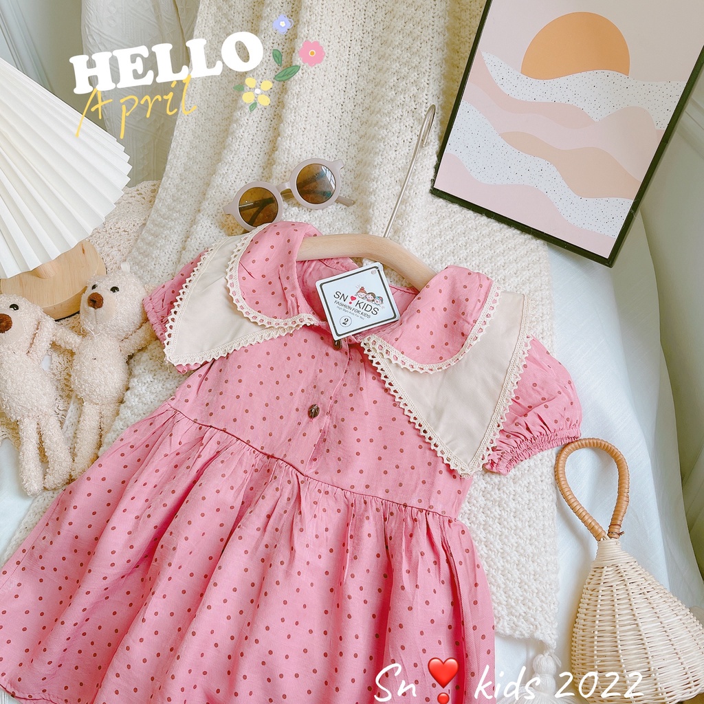 Váy xòe cổ sen bé gái, váy đũi chấm bi cách điệu cổ ren 2 lớp cho bé