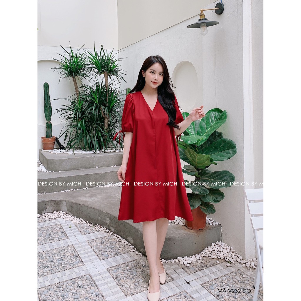 Váy thiết kế, dáng suông cổ V, tay nơ, đầm dáng xuông rộng, freesize 3 màu Xanh - Nâu - Đỏ, mã V232 - Michi's House | BigBuy360 - bigbuy360.vn