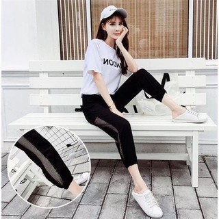 Quần jogger phối lưới sườn 2 bên, bo ống- chất đũi siêu mát