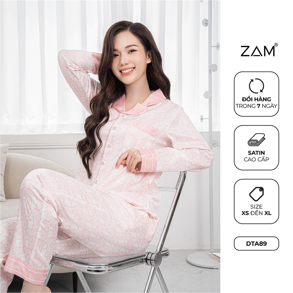 Bộ ngủ mặc nhà satin ZAM Luxury - DTA89 - áo dài tay quần dài hoạ tiết