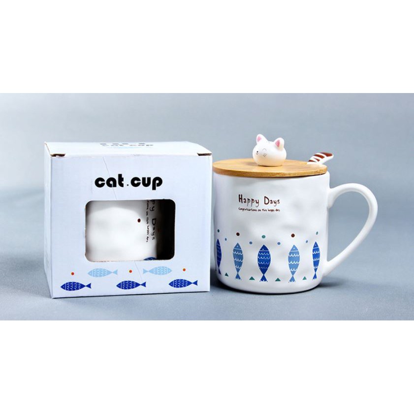 Cốc sứ hình mèo Happy Days có nắp đậy 400ml cao cấp