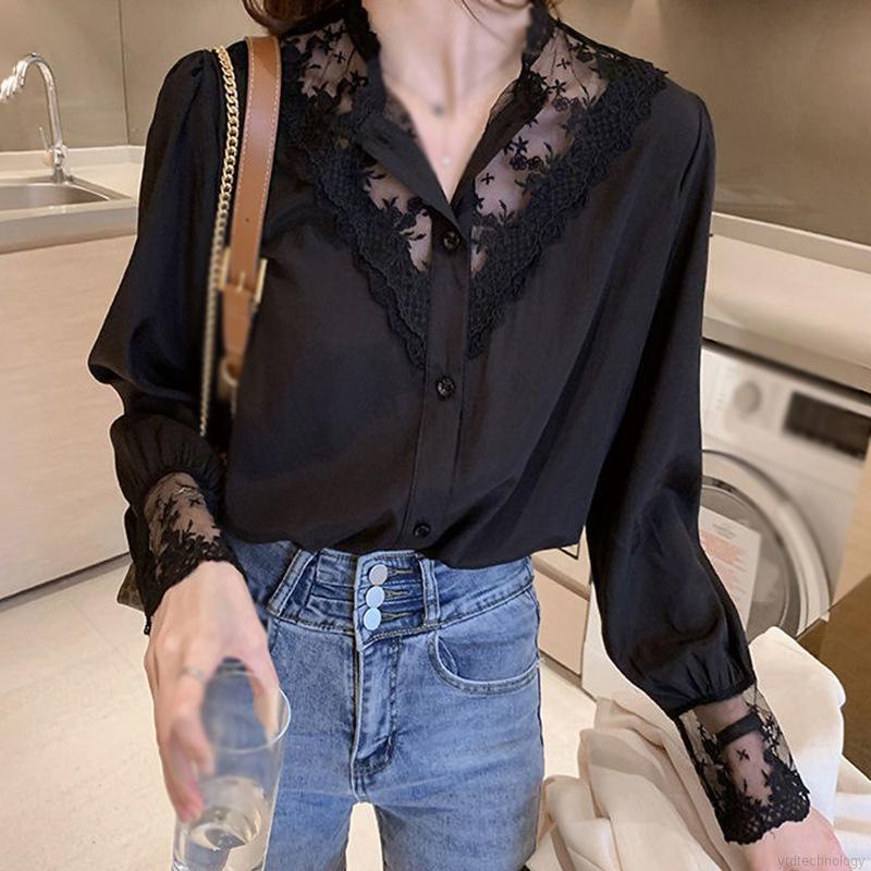 Áo Sơ Mi Chiffon Tay Dài Cổ Chữ V Phối Ren Thời Trang Mùa Hè Cho Nữ
