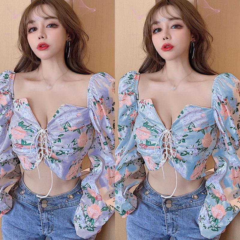 Áo Sơ Mi Lửng Tay Dài Rút Dây In Hoa Gợi Cảm Phong Cách Hàn Quốc Thời Trang Cho Phụ Nữ