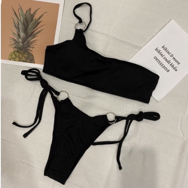 [BKN1110] &lt;ÂU&gt; SET BIKINI ĐEN LỆCH VAI KHUY TRÒN QUẦN THONG/LỌT KHE
