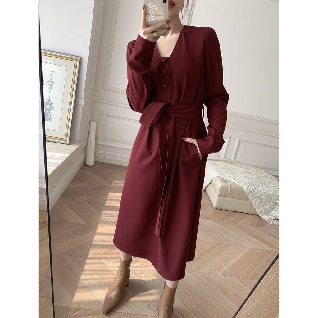 Đầm Xecop cổ V tay dài