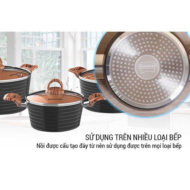 Bộ Nồi Ceramic đáy từ SUNHOUSE 2003MCA nhiều size + Tặng kèm đồng hồ treo tường