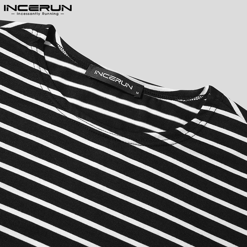 Áo INCERUN Tay Lỡ Cổ Tròn Dáng Rộng Họa Tiết Kẻ Sọc Thời Trang Mùa Hè Cho Nam | BigBuy360 - bigbuy360.vn