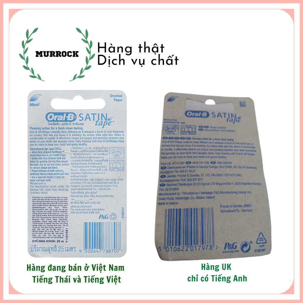 Chỉ nha khoa, xỉa răng Oral B Satin Tape làm sạch kẽ răng UK Anh Quốc 25m