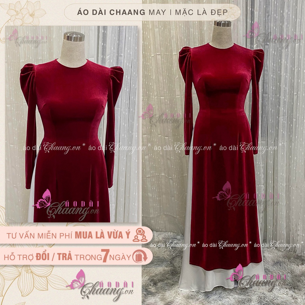Áo dài nhung tay phồng_Chaang_Thiết kế áo dài tay bồng sang trọng, vải co giãn đẹp