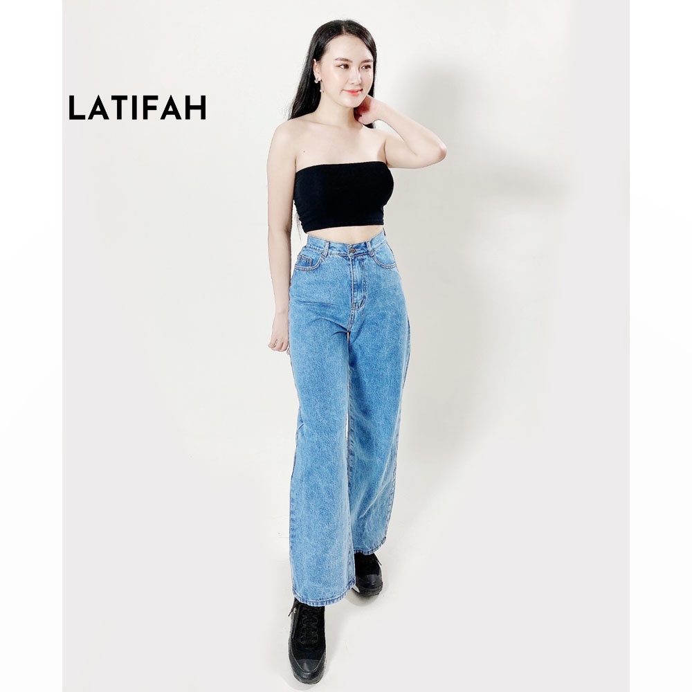 Quần baggy jean nữ Latifah ống rộng đơn giản dài 98cm màu xanh nhạt cá tính QD050