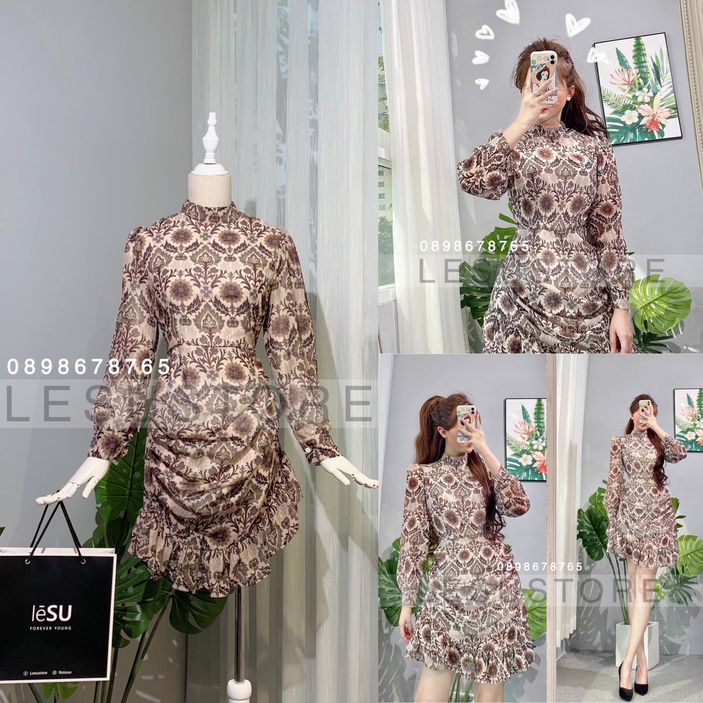 ẢNH TỰ CHỤP Đầm cổ trụ hoạ tiết xếp li tà