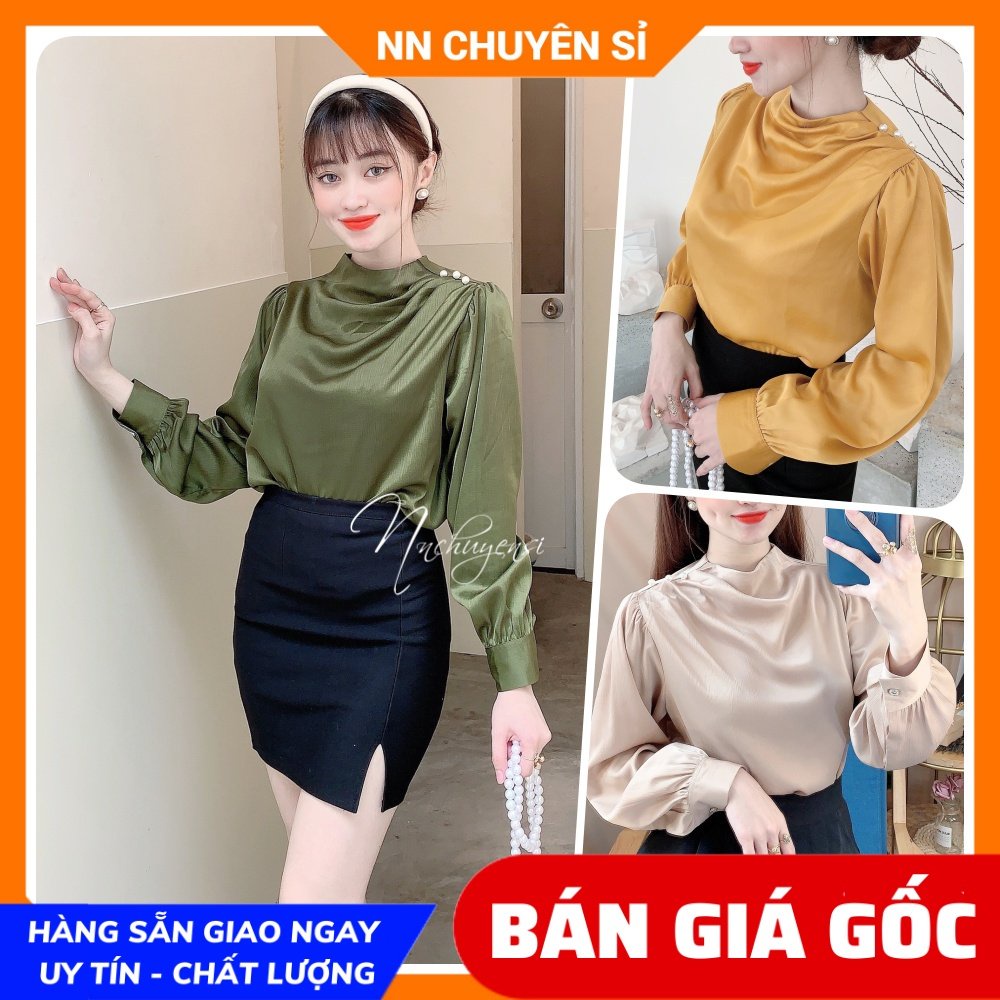 Áo kiểu công sở nữ chất phi lụa mềm mát phối cườm dễ thương Áo kiểu nữ tay dài MT1976